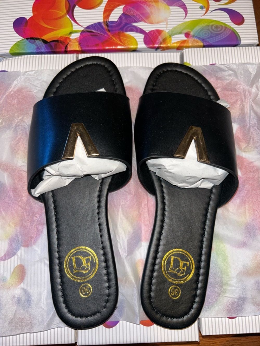 DF Black Slide Mules with Gold Accent - Women's